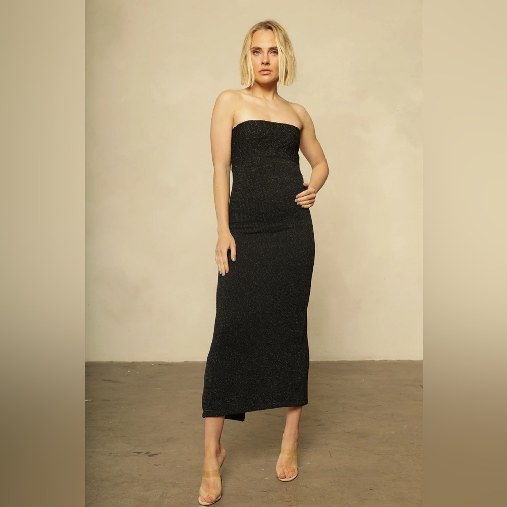 Nightcap Free People Black Crinkle Lurex Tube Strapless Midi Classic Dress M L